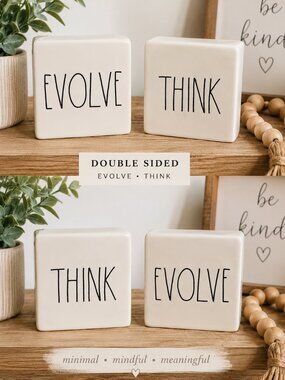 Rae Dunn EVOLVE THINK Double Sided Ceramic Block Farmhouse Shelf Decor